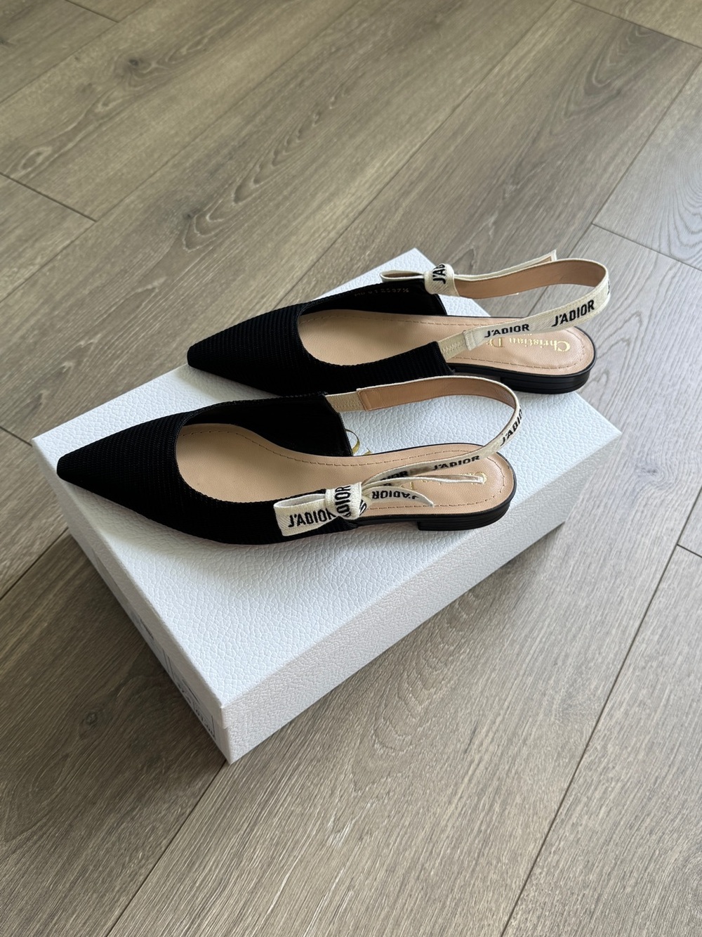 Dior Black Pointed Slingback Flats with Ivory Logo Strap. J'Adior Slingback Flat - Picture 5 of 7